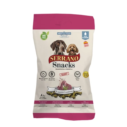 Serrano Snacks Kutyáknak Bárányhússal Hipoallergén 100 g, gluténmentes szuper prémium jutalomfalatok