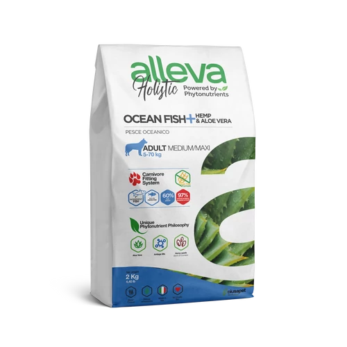 Alleva Holistic - Tengeri halat, kendert és Aloe verát tartalmazó táp - Közepes és nagytestű felnőtt kutyáknak - 2kg
