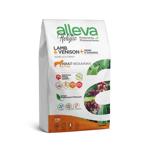 Alleva Holistic - Bárányhúst, vadhúst, kendert és ginzenget tartalmazó táp - Közepes és nagytestű felnőtt kutyáknak - 2kg