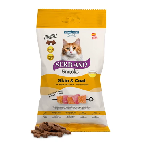 Serrano Snacks Macskáknak Omega 3 + DHA Szőr és Bőr Támogatására Lazaccal  50 g, gluténmentes szuper prémium jutalomfalatok