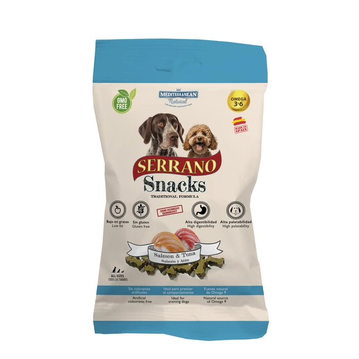 Serrano Snacks Kutyáknak Lazaccal és Tonhallal 100 g, gluténmentes szuper prémium jutalomfalatok