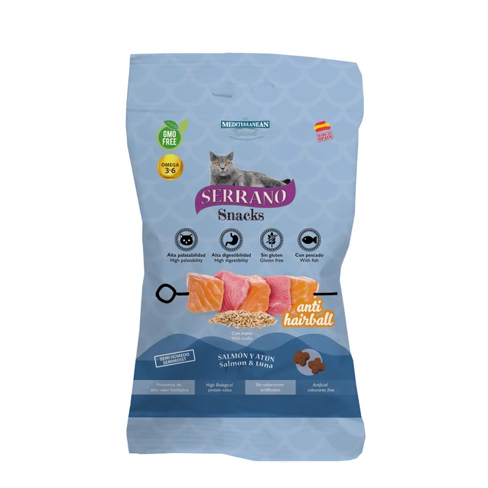Serrano Snacks Macskáknak Anti Hairball Szőrlabda Ellen  Lazaccal és Tonhallal 50 g