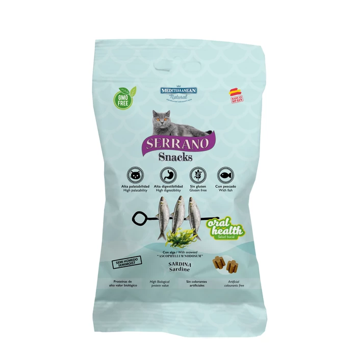 Serrano Snacks Macskáknak Oral Care Mindennapos Szájhigiénia Támogatására Szardíniával 50 g