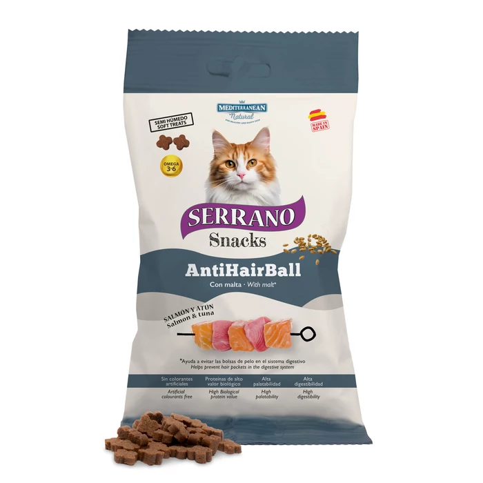 Serrano Snacks Macskáknak Anti Hairball Szőrlabda Ellen  Lazaccal és Tonhallal 50 g, gluténmentes szuper prémium jutalomfalatok