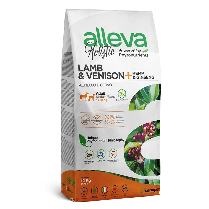 Alleva Holistic - Bárányhúst, vadhúst, kendert és ginzenget tartalmazó táp - Közepes és nagytestű felnőtt kutyáknak - 12kg