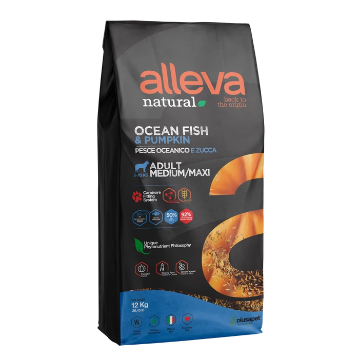 Alleva Natural - Halat és sütőtököt tartalmazó táp - Közepes és nagytestű felnőtt kutyáknak - 12kg