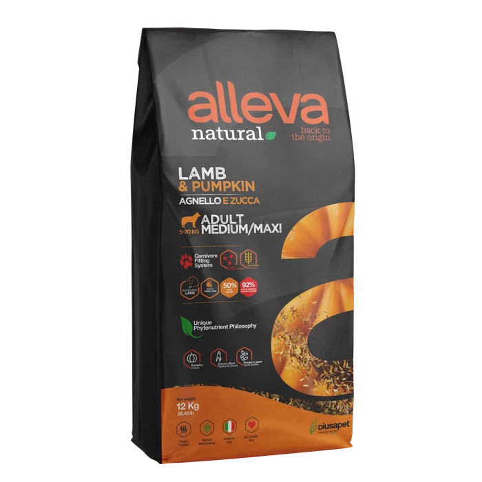 Alleva Natural - Bárányhúst és sütőtököt tartalmazó táp - Közepes és nagytestű felnőtt kutyáknak - 12kg