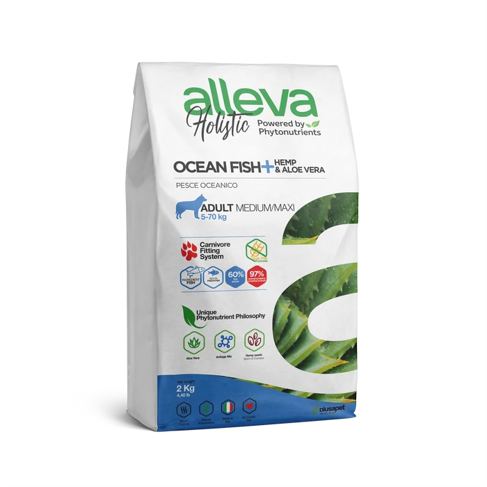 Alleva Holistic - Tengeri halat, kendert és Aloe verát tartalmazó táp - Közepes és nagytestű felnőtt kutyáknak - 2kg
