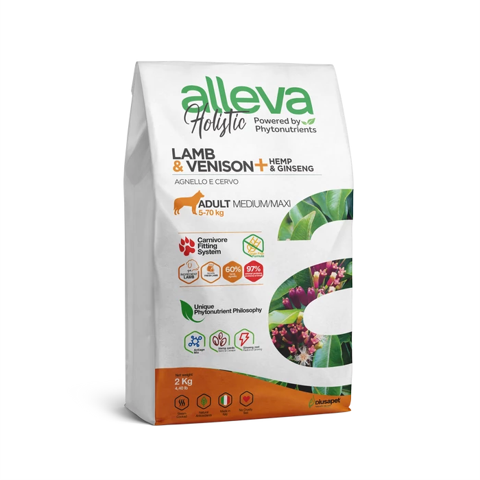 Alleva Holistic - Bárányhúst, vadhúst, kendert és ginzenget tartalmazó táp - Közepes és nagytestű felnőtt kutyáknak - 2kg