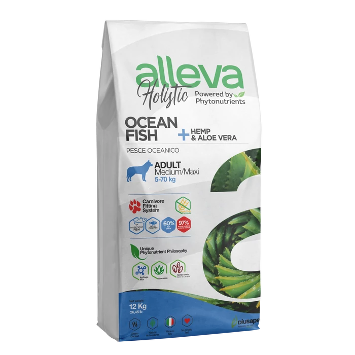 Alleva Holistic - Tengeri halat, kendert és Aloe verát tartalmazó táp - Közepes és nagytestű felnőtt kutyáknak - 12kg