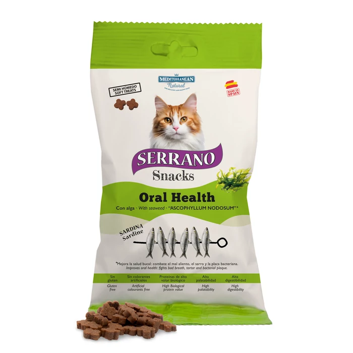 Serrano Snacks Macskáknak Oral Care Mindennapos Szájhigiénia Támogatására Szardíniával 50 g, gluténmentes szuper prémium jutalomfalatok