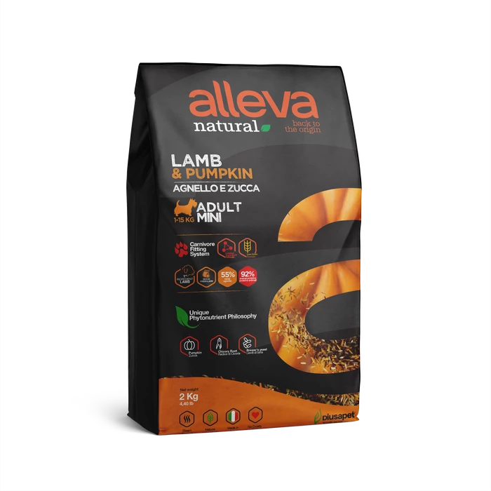 Alleva Natural - Bárányhúst és sütőtököt tartalmazó táp - Kistestű felnőtt kutyáknak - 2kg