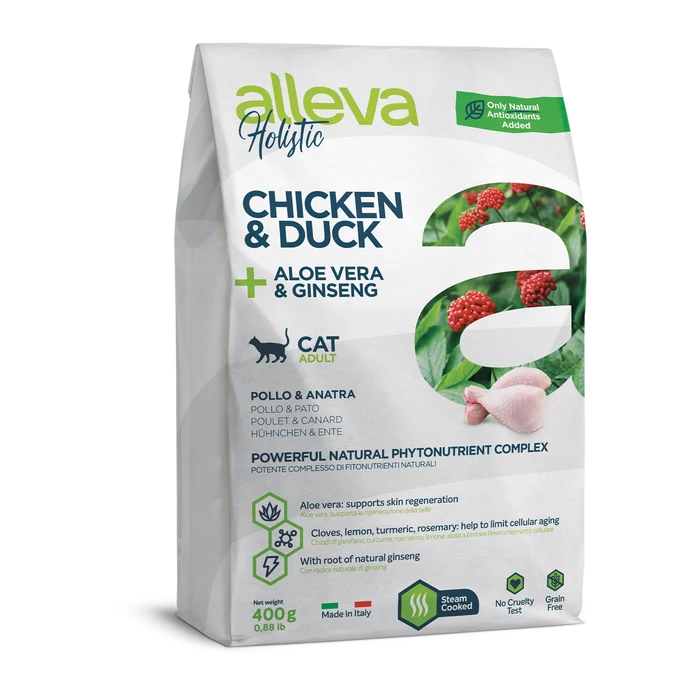 Alleva Holistic - Csirkehúst, kacsahúst, Aloe verát és ginzenget tartalmazó táp - Felnőtt macskáknak - 400g