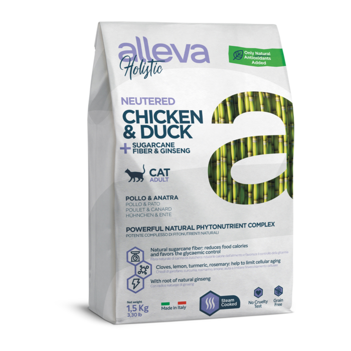 Alleva Holistic - Csirkehúst, kacsahúst, cukornádrostot és ginzenget tartalmazó táp - Ivartalanított felnőtt macskáknak - 1500g