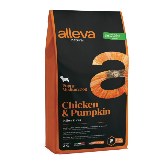 Alleva Natural - Csirkehúst és sütőtököt tartalmazó táp - Közepes testű kölyökkutyáknak - 2kg
