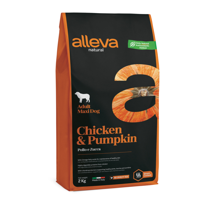 Alleva Natural - Csirkehúst és sütőtököt tartalmazó táp  Nagytestű felnőtt kutyáknak - 2kg