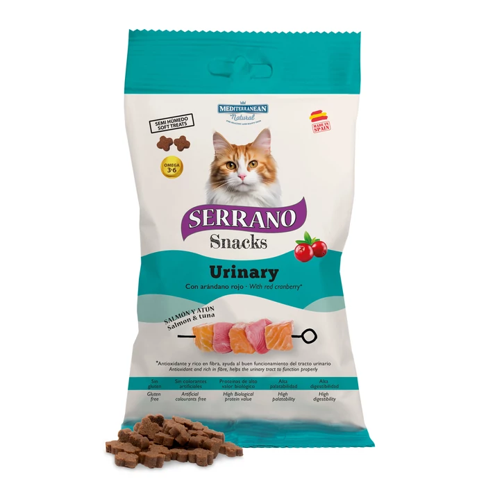 Serrano Snacks Macskáknak Urinary Húgyutak Egészséges Működésére Lazaccal és Tonhallal 50 g, gluténmentes szuper prémium jutalomfalatok