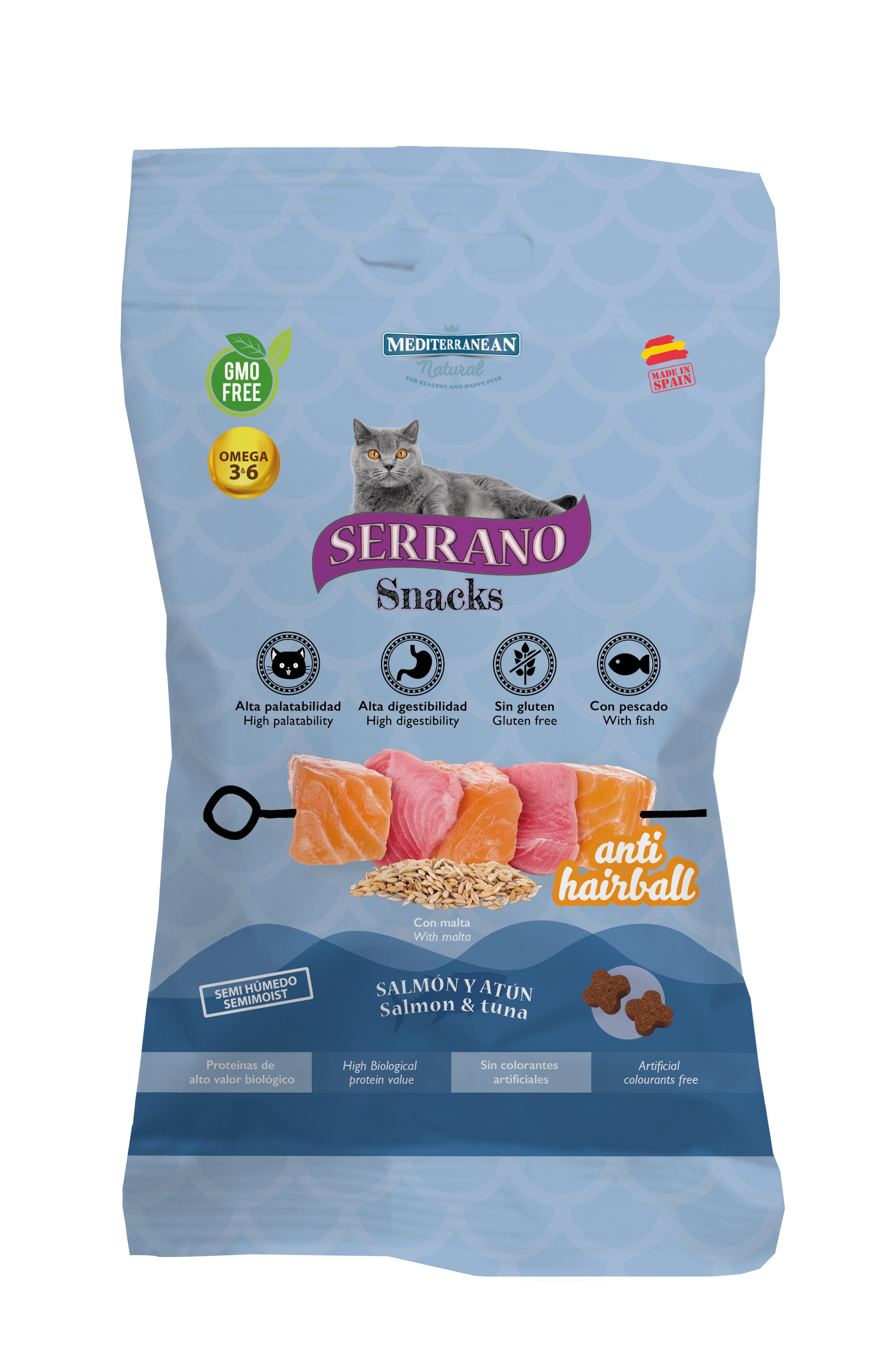 Serrano Snacks Macskáknak Anti Hairball Szőrlabda Ellen  Lazaccal és Tonhallal 50 g