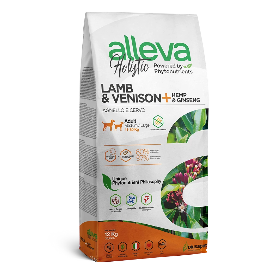 Alleva Holistic Medium / Maxi Felnőtt Kutyáknak Bárány & Vadhús + Cannabis Sativa & Ginzeng 12 kg, gabonamentes