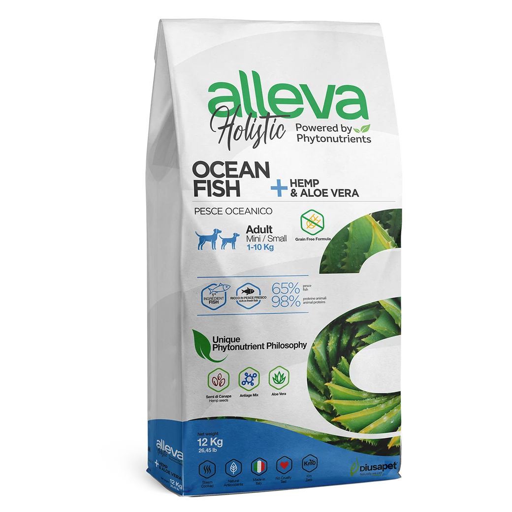 Alleva Holistic Mini Felnőtt Kutyáknak Tengeri hal + Kender & Aloe Vera 12 kg, gabonamentes