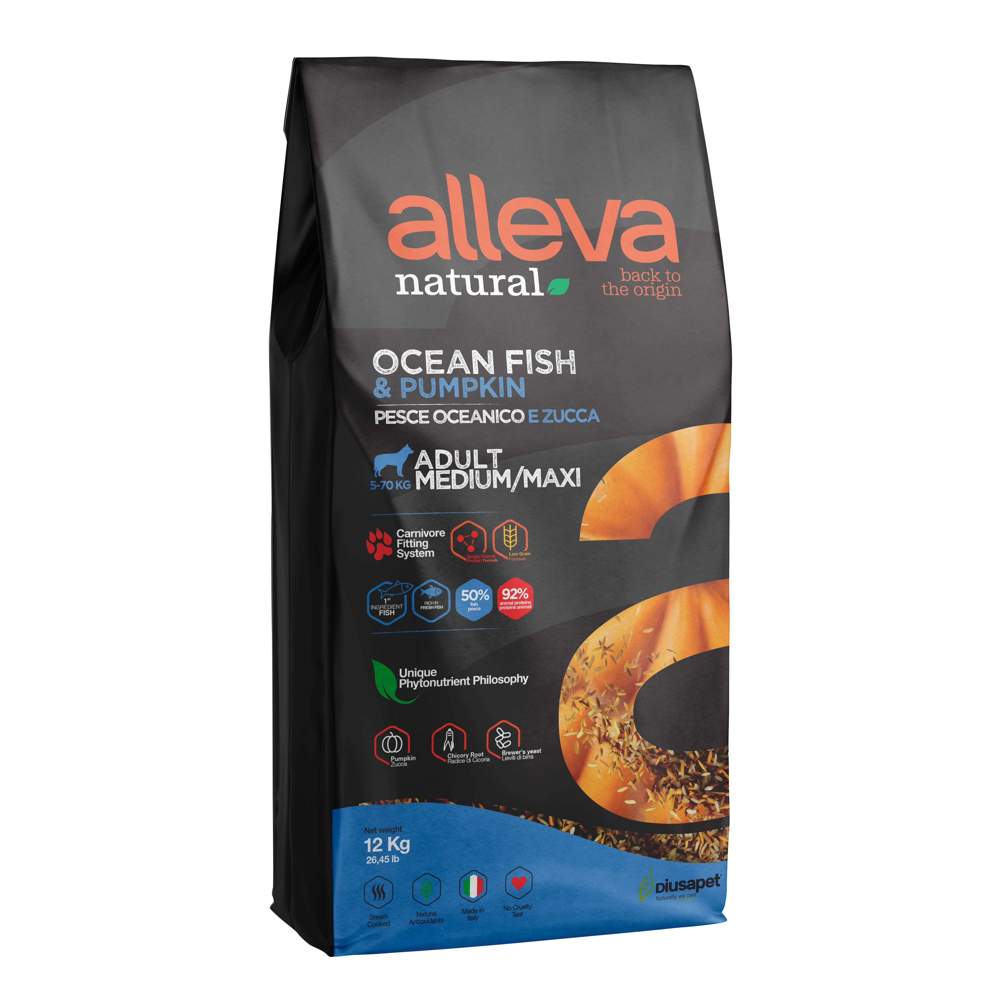 Alleva Natural Medium / Maxi Felnőtt Kutyáknak Hal & Sütőtök 12 kg, gluténmentes