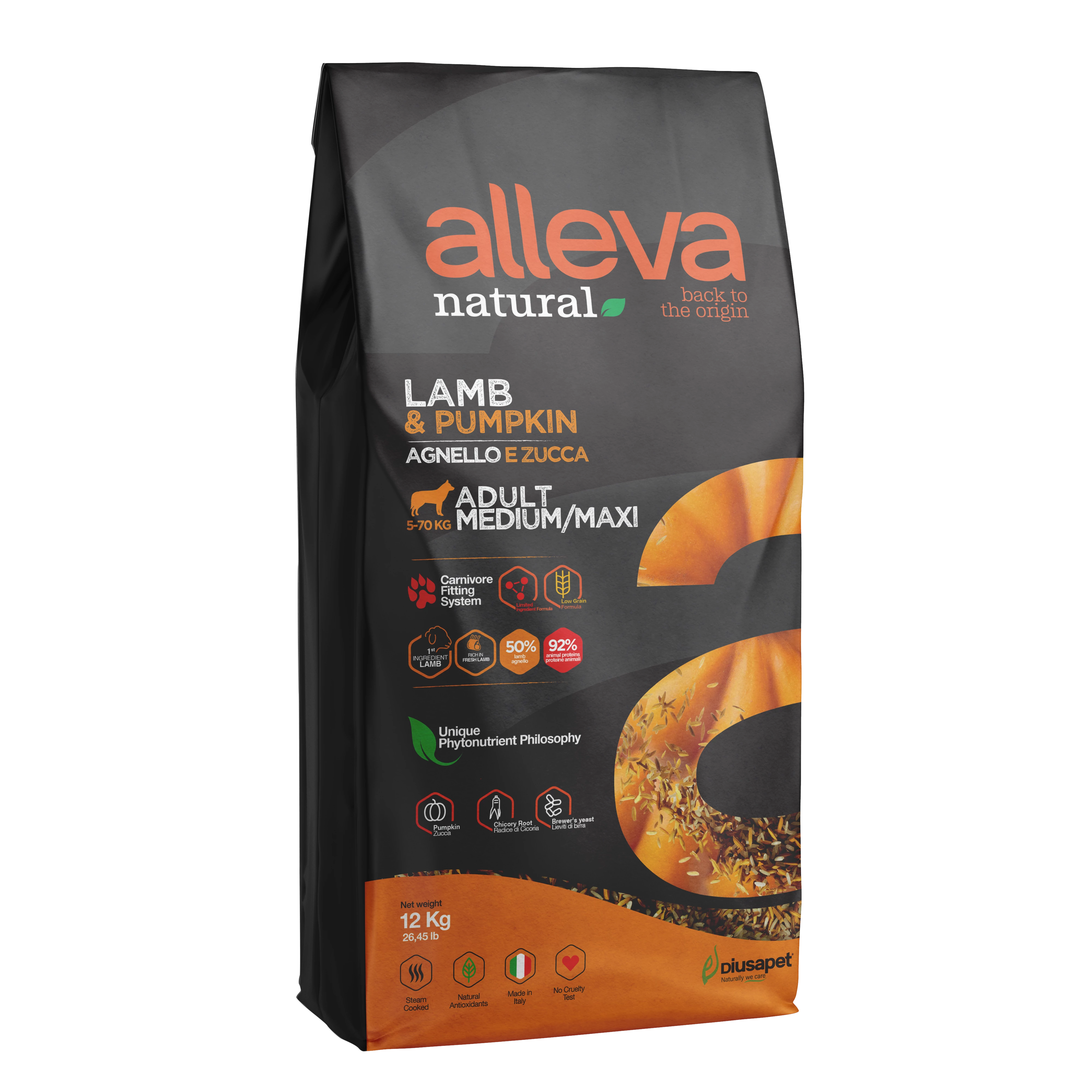 Alleva Natural Medium / Maxi Felnőtt Kutyáknak Bárány & Sütőtök 12 kg, gluténmentes