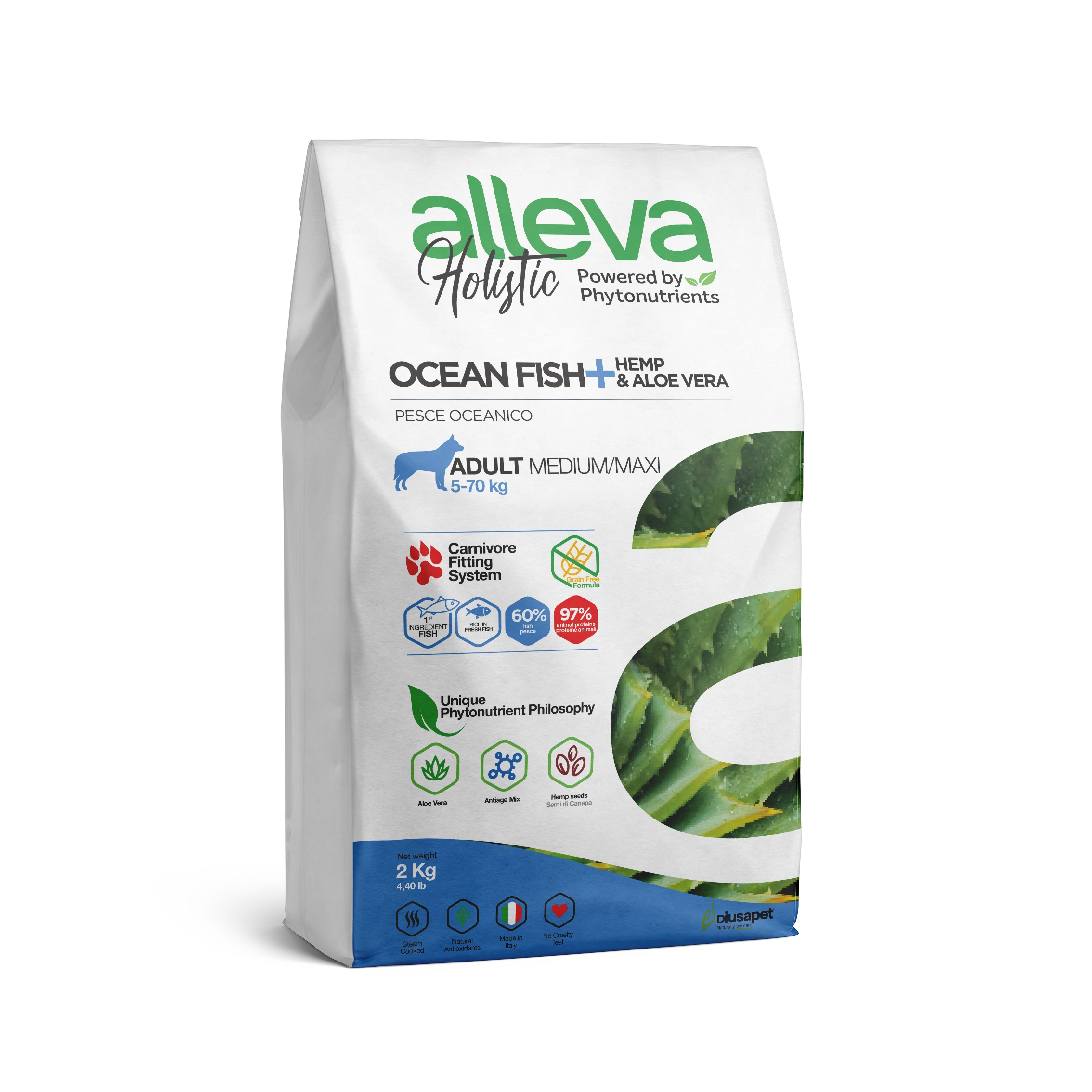 LEGALACSONYABB ÁR Alleva Holistic Medium / Maxi Felnőtt Kutyáknak Tengeri hal + Kender & Aloe Vera 2 kg, gabonamentes