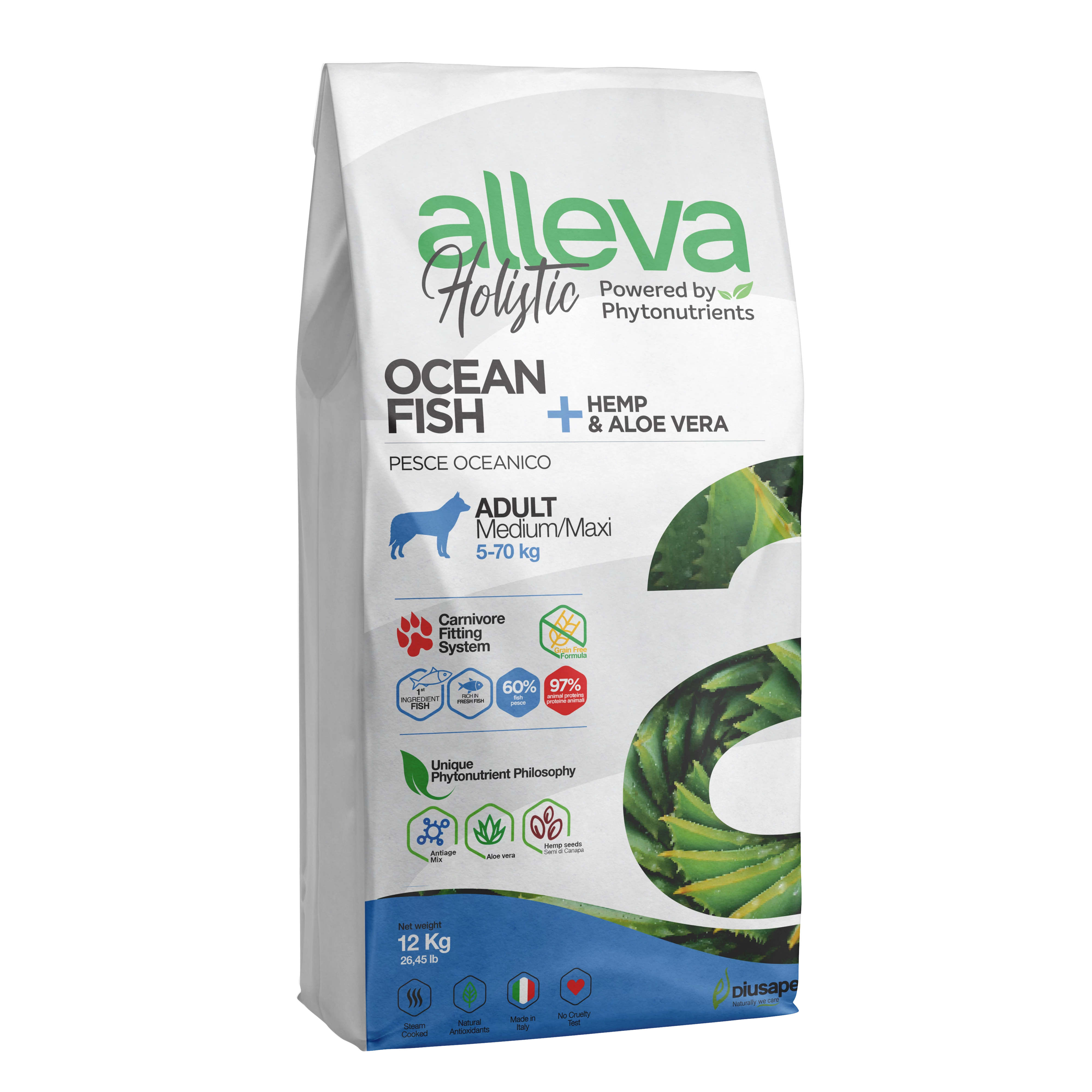 Alleva Holistic Medium / Maxi Felnőtt Kutyáknak Tengeri hal + Kender & Aloe Vera 12 kg, gabonamentes