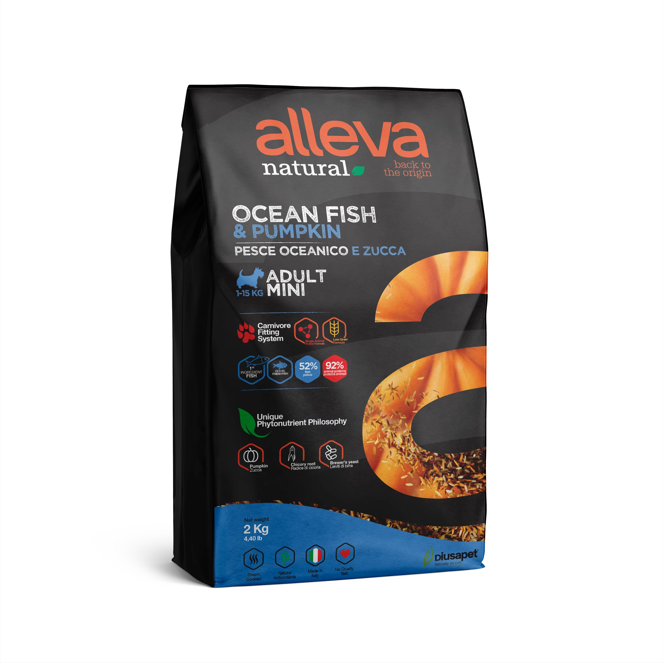Alleva Natural Mini Felnőtt Kutyáknak Hal & Sütőtök 2 kg, gluténmentes