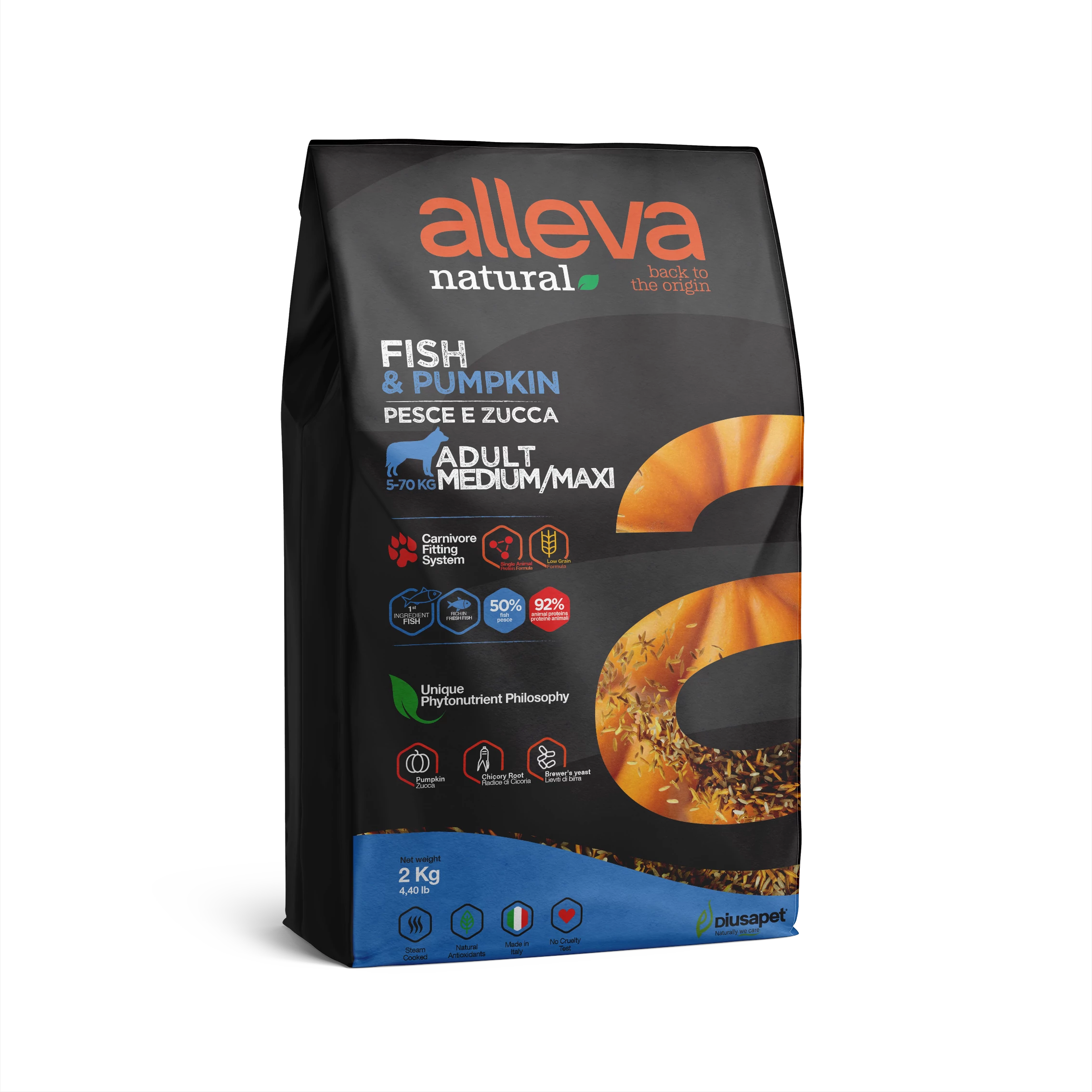 Alleva Natural Medium / Maxi Felnőtt Kutyáknak Hal & Sütőtök 2 kg, gluténmentes