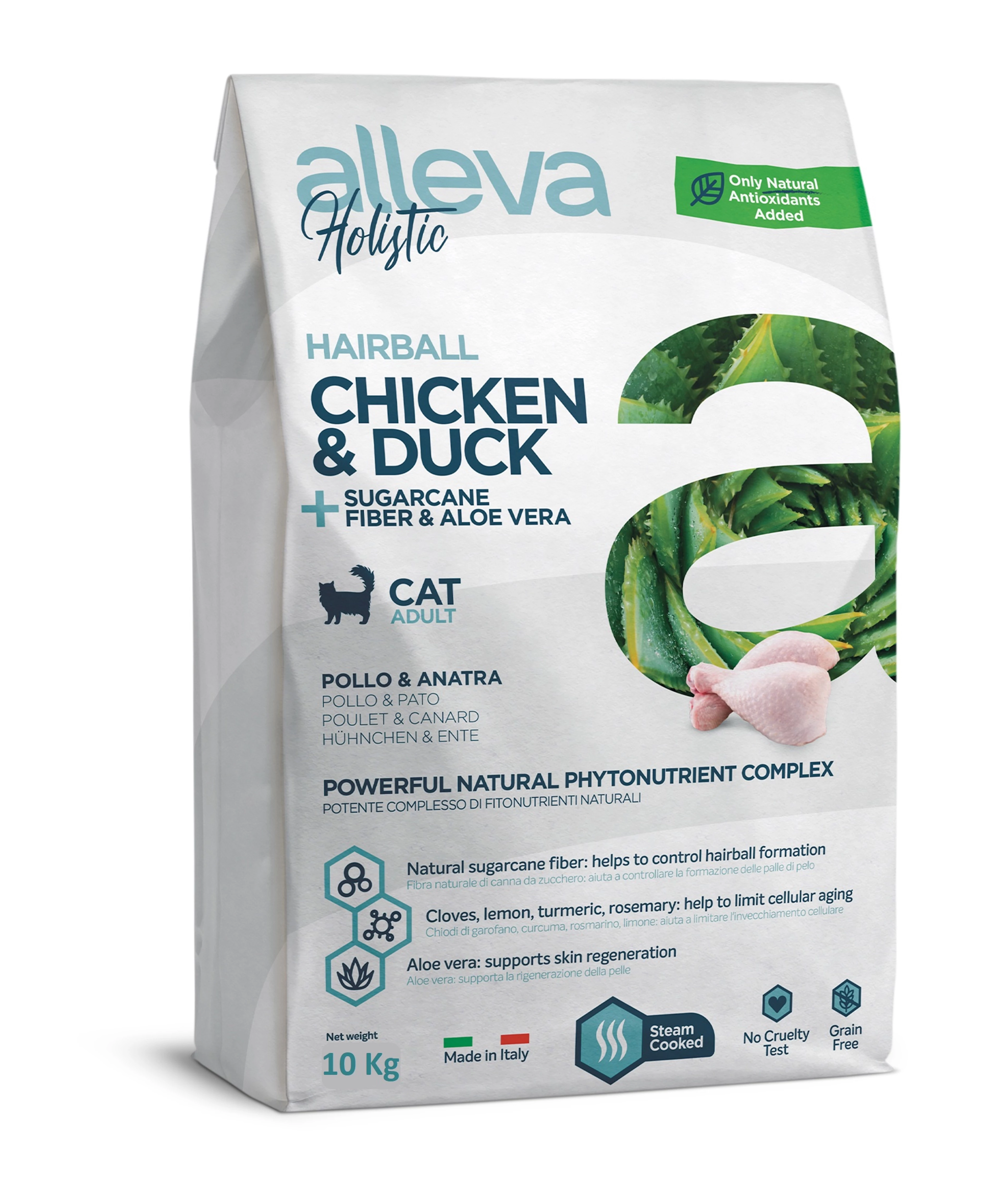 Alleva Holistic Felnőtt Macskáknak Szőrlabdaképződés megelőzésére Csirke & Kacsa + Cukornádrost & Aloe Vera 10 kg, gabonamentes