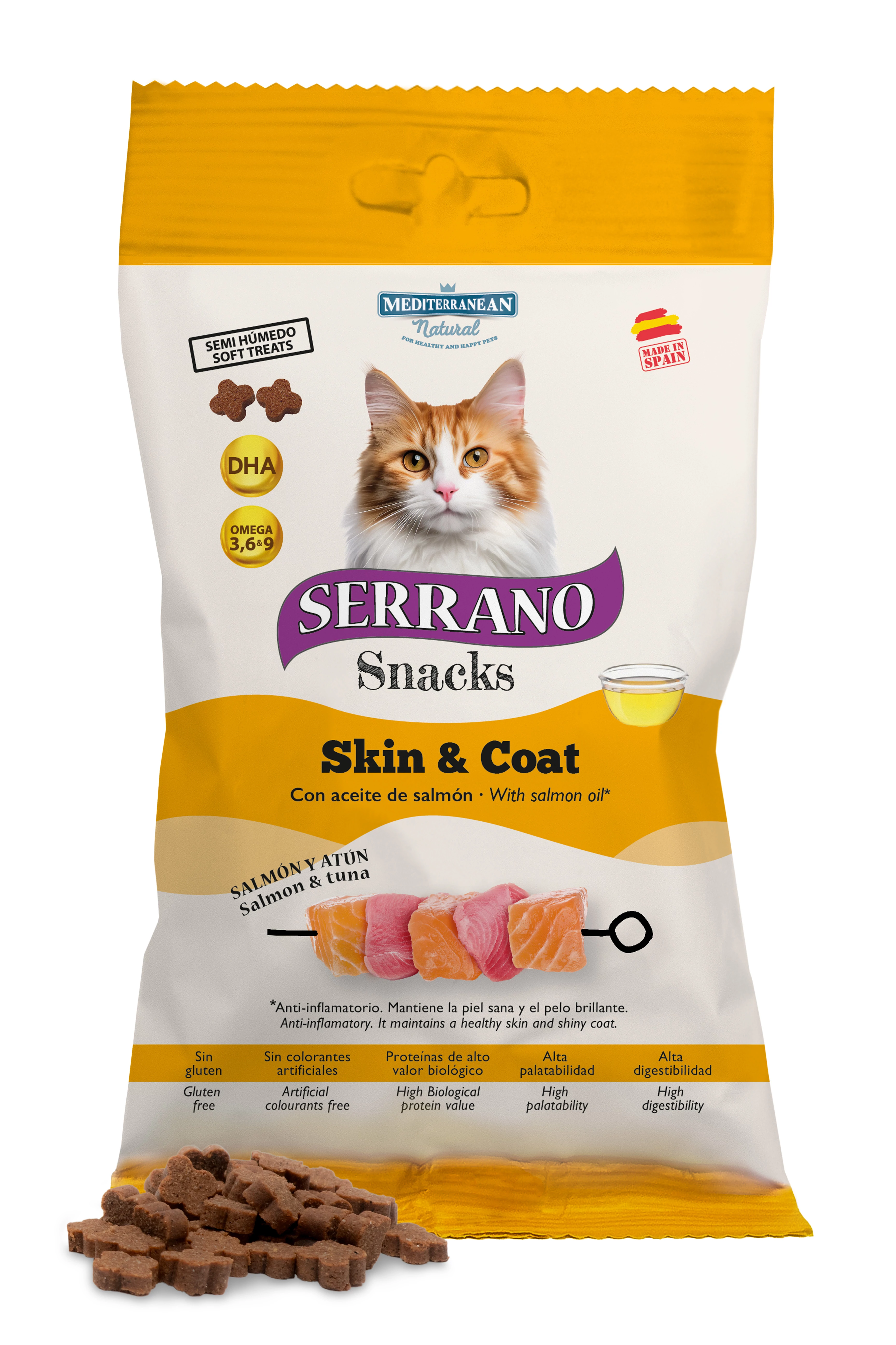 Serrano Snacks Macskáknak Omega 3 + DHA Szőr és Bőr Támogatására Lazaccal  50 g